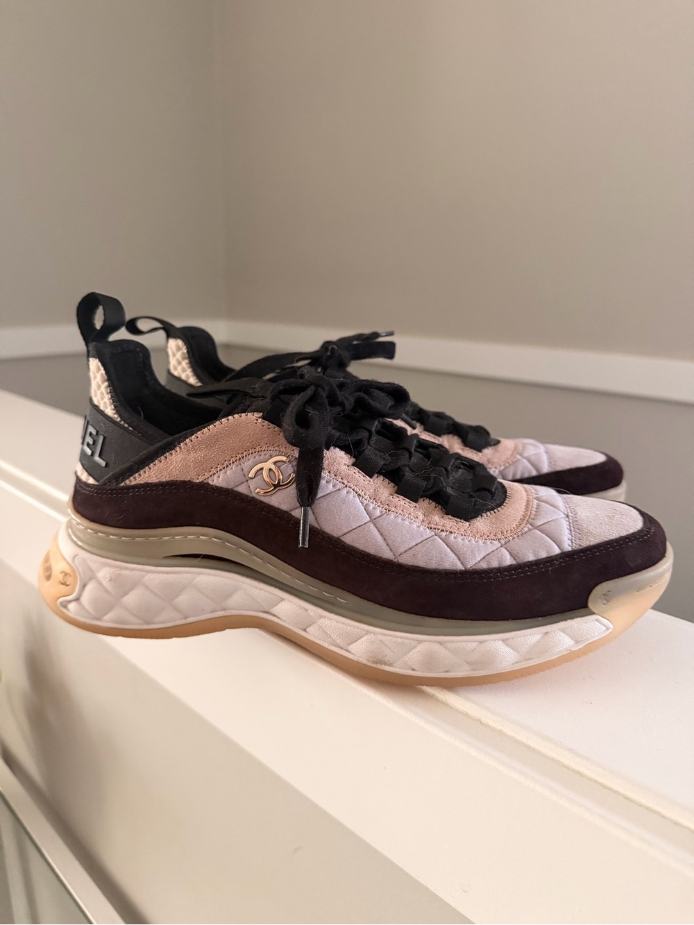 CHANEL Pink, Brown & Black Quilted Low-Top Sneakers